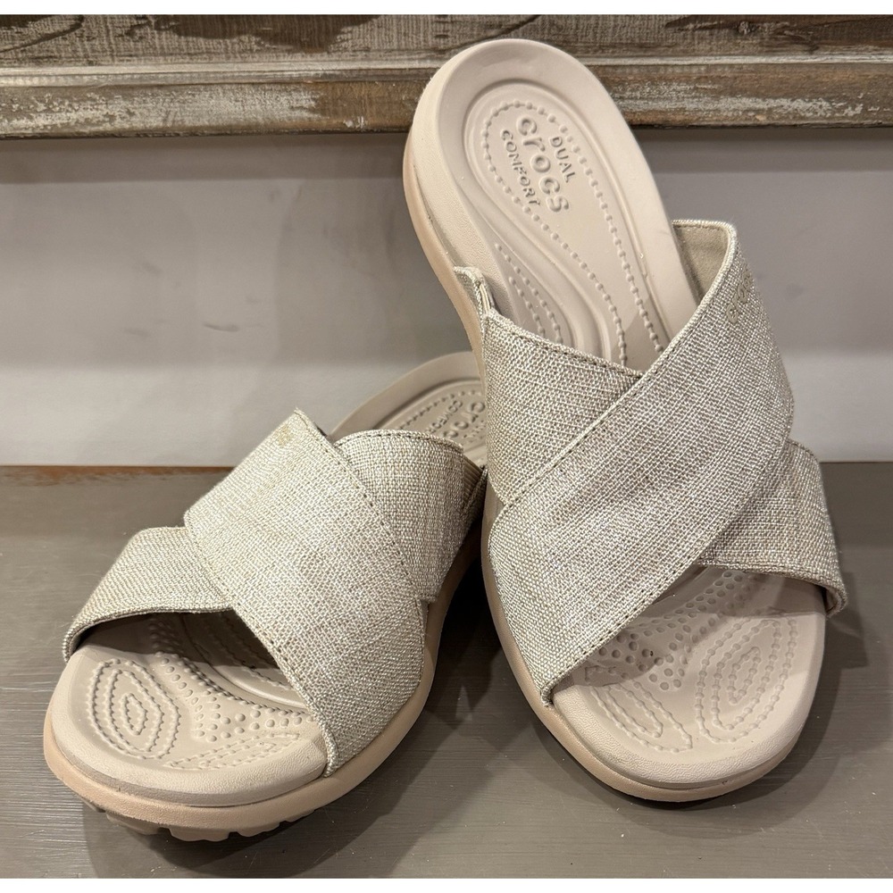 Crocs Capri Shimmer Cross Band Sandals Women's Size 5 Beige Metallic Thread